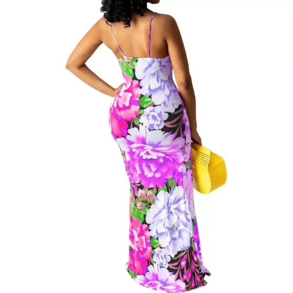 Womens Spaghetti Strap Leaf Printed Maxi Dress Bandage Bodycon Beach Holiday Long Dress785 Rose Red