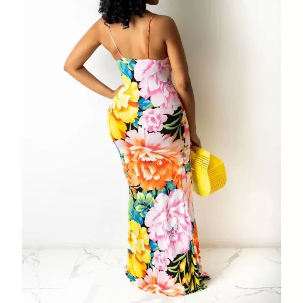 Womens Spaghetti Strap Leaf Printed Maxi Dress Bandage Bodycon Beach Holiday Long Dress785 Yellow