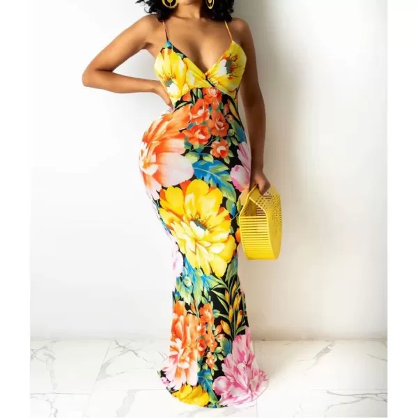 Womens Spaghetti Strap Leaf Printed Maxi Dress Bandage Bodycon Beach Holiday Long Dress785 Yellow