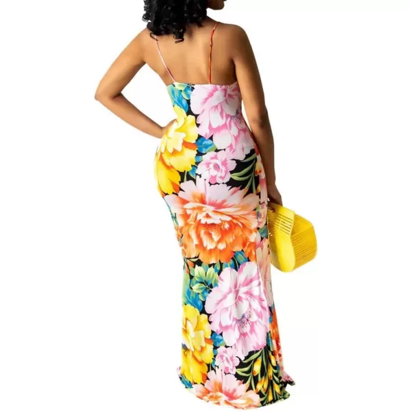 Womens Spaghetti Strap Leaf Printed Maxi Dress Bandage Bodycon Beach Holiday Long Dress785 Yellow
