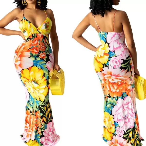 Womens Spaghetti Strap Leaf Printed Maxi Dress Bandage Bodycon Beach Holiday Long Dress785 Yellow