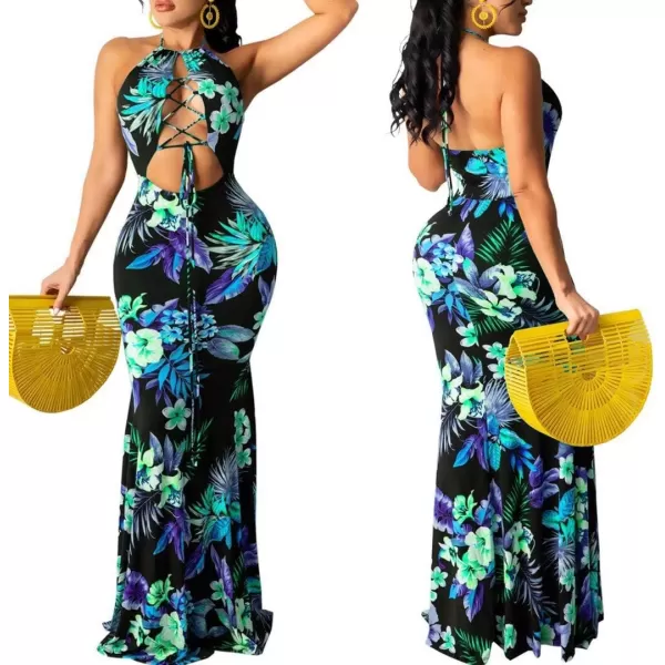 Womens Spaghetti Strap Leaf Printed Maxi Dress Bandage Bodycon Beach Holiday Long Dress791 Cyan