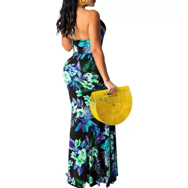 Womens Spaghetti Strap Leaf Printed Maxi Dress Bandage Bodycon Beach Holiday Long Dress791 Cyan