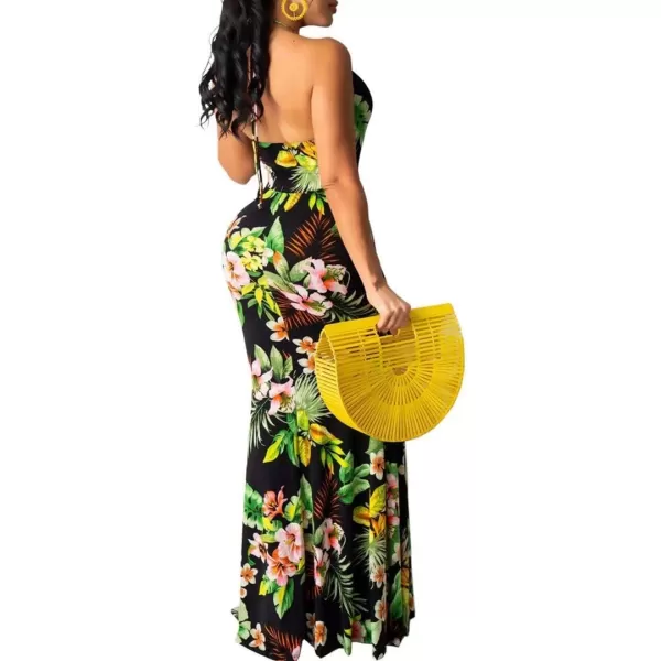 Womens Spaghetti Strap Leaf Printed Maxi Dress Bandage Bodycon Beach Holiday Long Dress791 Green