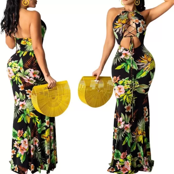 Womens Spaghetti Strap Leaf Printed Maxi Dress Bandage Bodycon Beach Holiday Long Dress791 Green