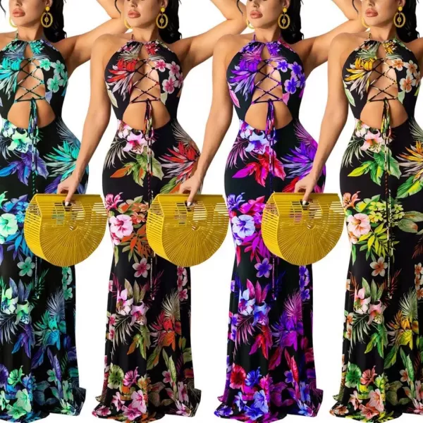 Womens Spaghetti Strap Leaf Printed Maxi Dress Bandage Bodycon Beach Holiday Long Dress791 Green
