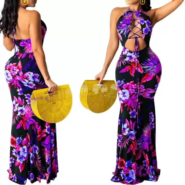 Womens Spaghetti Strap Leaf Printed Maxi Dress Bandage Bodycon Beach Holiday Long Dress791 Purple