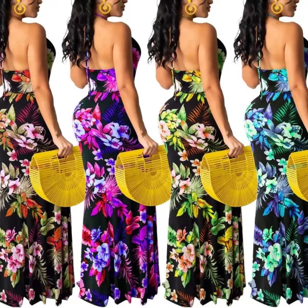 Womens Spaghetti Strap Leaf Printed Maxi Dress Bandage Bodycon Beach Holiday Long Dress791 Purple