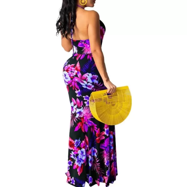 Womens Spaghetti Strap Leaf Printed Maxi Dress Bandage Bodycon Beach Holiday Long Dress791 Purple