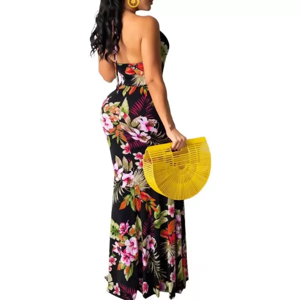 Womens Spaghetti Strap Leaf Printed Maxi Dress Bandage Bodycon Beach Holiday Long Dress791 Red