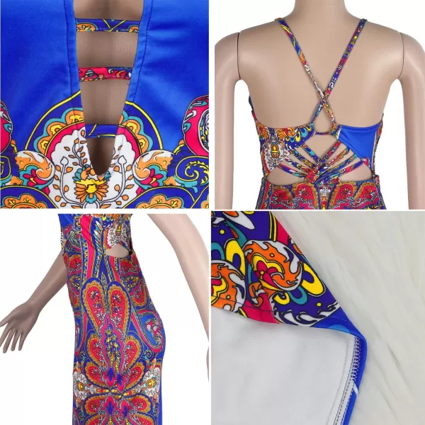 Womens Spaghetti Strap Leaf Printed Maxi Dress Bandage Bodycon Beach Holiday Long DressBlue
