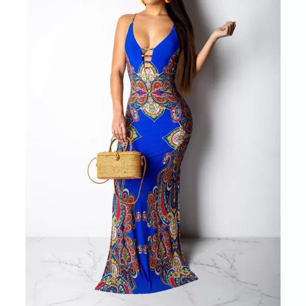 Womens Spaghetti Strap Leaf Printed Maxi Dress Bandage Bodycon Beach Holiday Long DressBlue