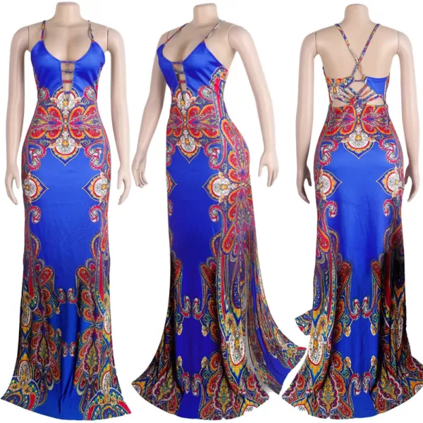 Womens Spaghetti Strap Leaf Printed Maxi Dress Bandage Bodycon Beach Holiday Long DressBlue