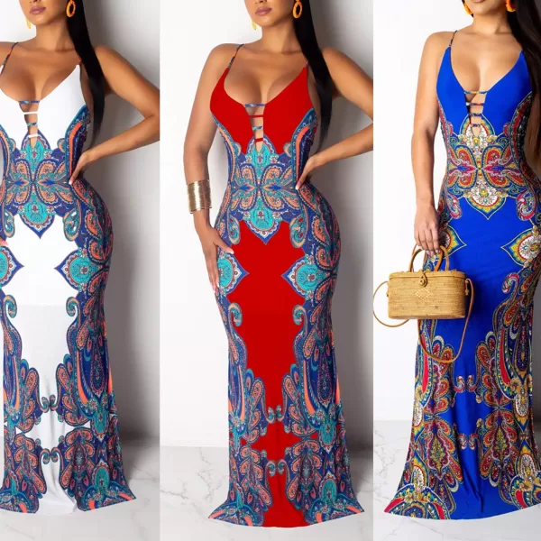 Womens Spaghetti Strap Leaf Printed Maxi Dress Bandage Bodycon Beach Holiday Long DressBlue