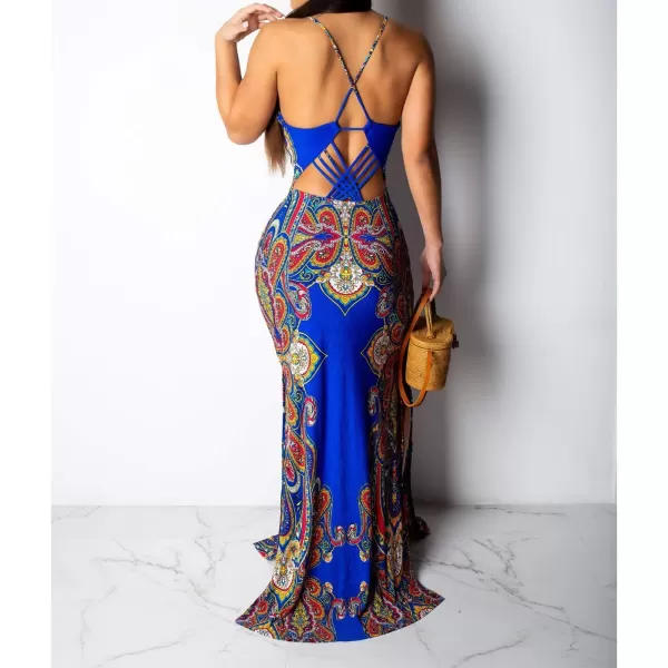 Womens Spaghetti Strap Leaf Printed Maxi Dress Bandage Bodycon Beach Holiday Long DressBlue