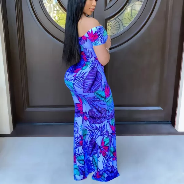 Womens Spaghetti Strap Leaf Printed Maxi Dress Bandage Bodycon Beach Holiday Long DressFloral Blue
