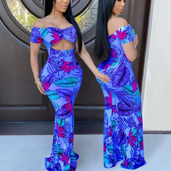 Womens Spaghetti Strap Leaf Printed Maxi Dress Bandage Bodycon Beach Holiday Long DressFloral Blue