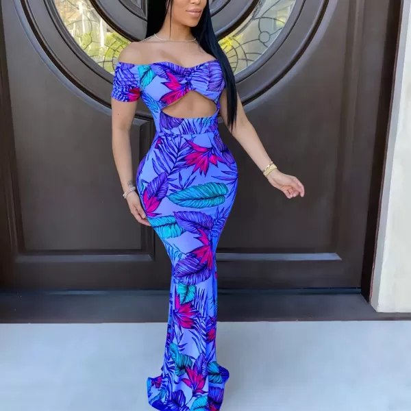 Womens Spaghetti Strap Leaf Printed Maxi Dress Bandage Bodycon Beach Holiday Long DressFloral Blue