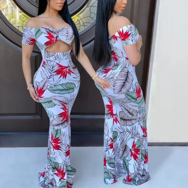 Womens Spaghetti Strap Leaf Printed Maxi Dress Bandage Bodycon Beach Holiday Long DressFloral Light Blue