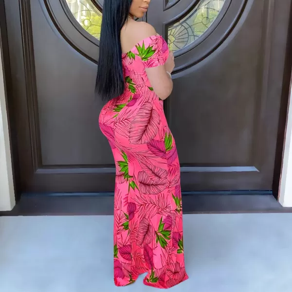 Womens Spaghetti Strap Leaf Printed Maxi Dress Bandage Bodycon Beach Holiday Long DressFloral Red