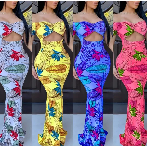 Womens Spaghetti Strap Leaf Printed Maxi Dress Bandage Bodycon Beach Holiday Long DressFloral Red