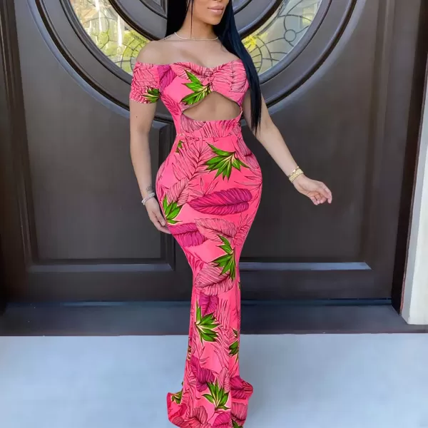Womens Spaghetti Strap Leaf Printed Maxi Dress Bandage Bodycon Beach Holiday Long DressFloral Red