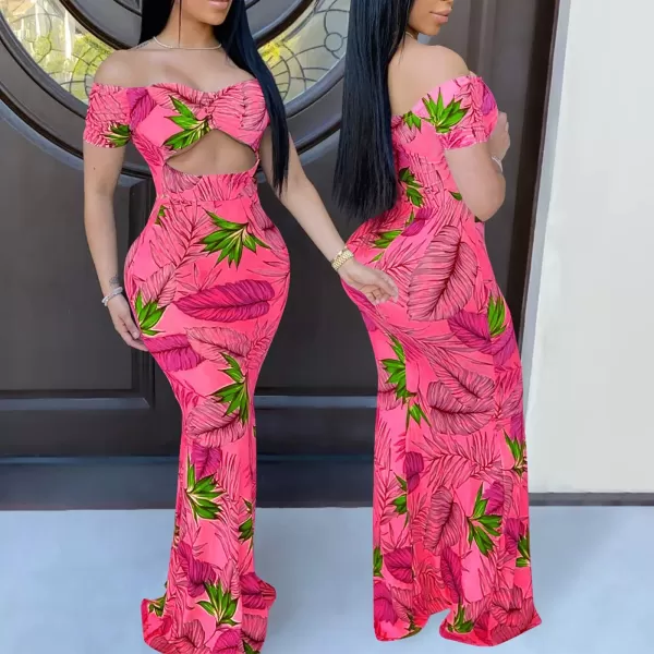 Womens Spaghetti Strap Leaf Printed Maxi Dress Bandage Bodycon Beach Holiday Long DressFloral Red