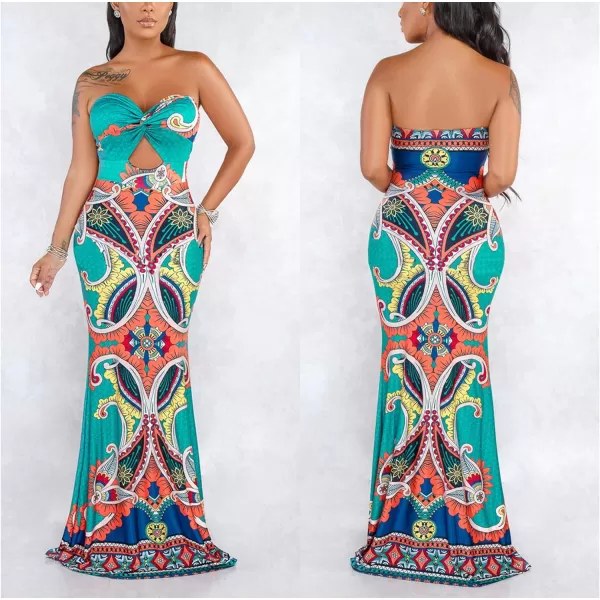 Womens Spaghetti Strap Leaf Printed Maxi Dress Bandage Bodycon Beach Holiday Long DressGreen