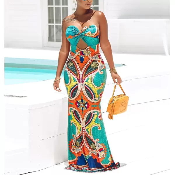 Womens Spaghetti Strap Leaf Printed Maxi Dress Bandage Bodycon Beach Holiday Long DressGreen