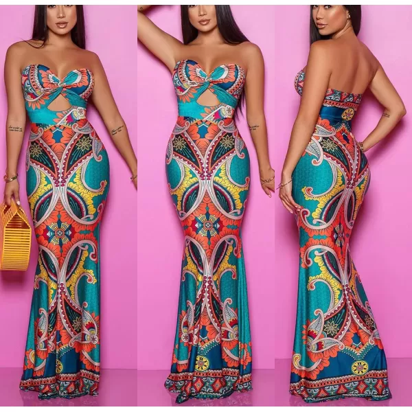 Womens Spaghetti Strap Leaf Printed Maxi Dress Bandage Bodycon Beach Holiday Long DressGreen