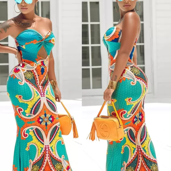 Womens Spaghetti Strap Leaf Printed Maxi Dress Bandage Bodycon Beach Holiday Long DressGreen