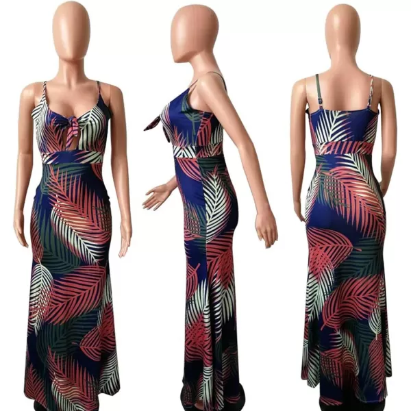 Womens Spaghetti Strap Leaf Printed Maxi Dress Bandage Bodycon Beach Holiday Long DressMulticolored