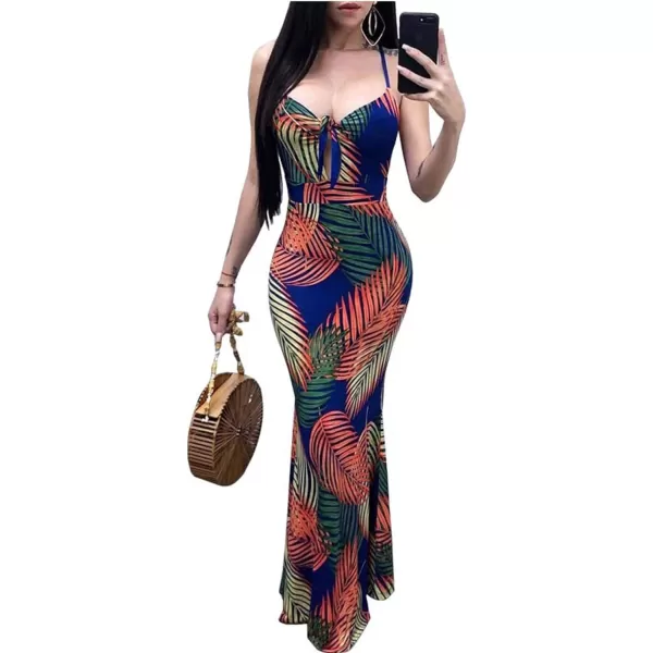 Womens Spaghetti Strap Leaf Printed Maxi Dress Bandage Bodycon Beach Holiday Long DressMulticolored