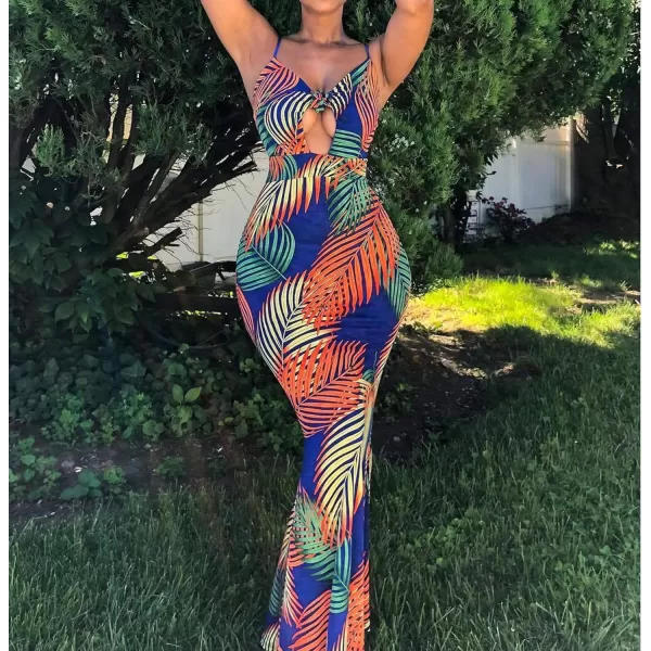 Womens Spaghetti Strap Leaf Printed Maxi Dress Bandage Bodycon Beach Holiday Long DressMulticolored