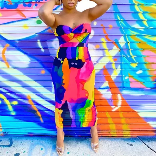 Womens Spaghetti Strap Leaf Printed Maxi Dress Bandage Bodycon Beach Holiday Long DressMulticolored2