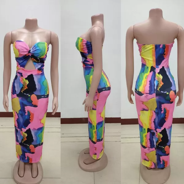 Womens Spaghetti Strap Leaf Printed Maxi Dress Bandage Bodycon Beach Holiday Long DressMulticolored2