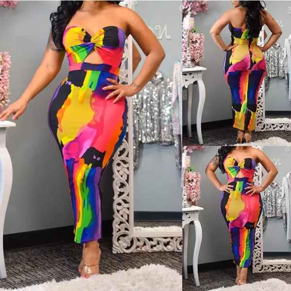 Womens Spaghetti Strap Leaf Printed Maxi Dress Bandage Bodycon Beach Holiday Long DressMulticolored2