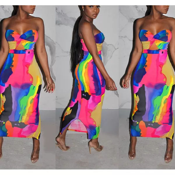 Womens Spaghetti Strap Leaf Printed Maxi Dress Bandage Bodycon Beach Holiday Long DressMulticolored2