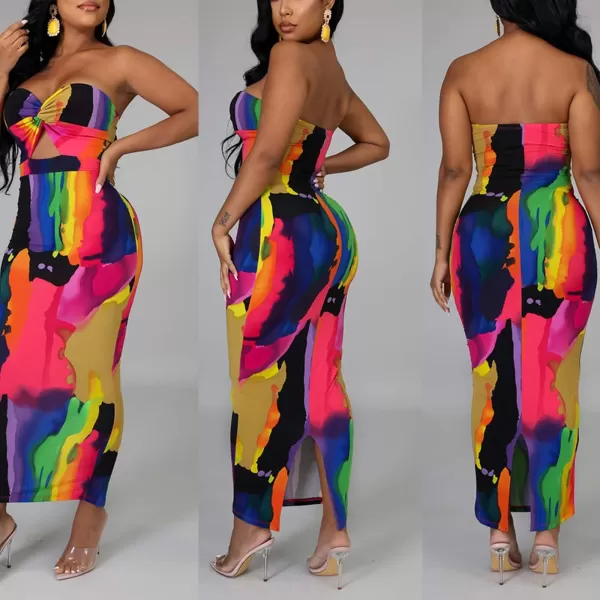 Womens Spaghetti Strap Leaf Printed Maxi Dress Bandage Bodycon Beach Holiday Long DressMulticolored2