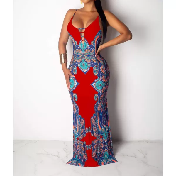 Womens Spaghetti Strap Leaf Printed Maxi Dress Bandage Bodycon Beach Holiday Long DressRed