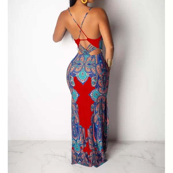 Womens Spaghetti Strap Leaf Printed Maxi Dress Bandage Bodycon Beach Holiday Long DressRed