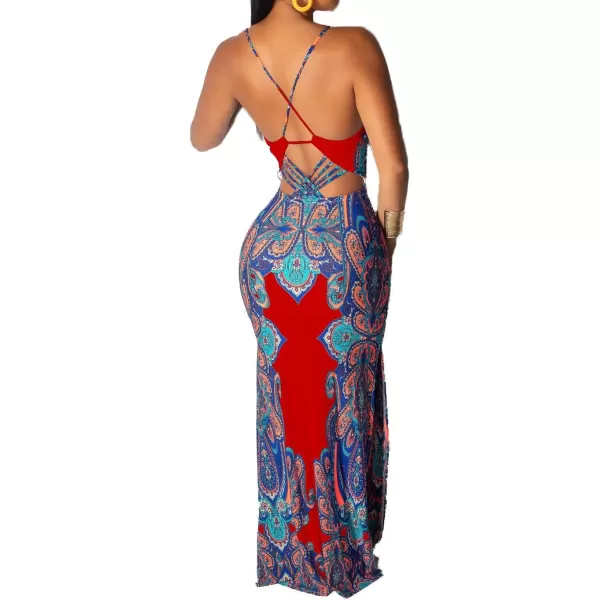 Womens Spaghetti Strap Leaf Printed Maxi Dress Bandage Bodycon Beach Holiday Long DressRed