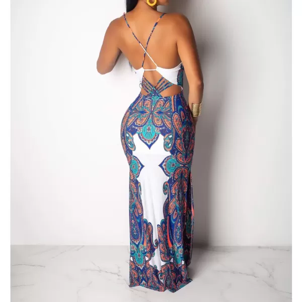 Womens Spaghetti Strap Leaf Printed Maxi Dress Bandage Bodycon Beach Holiday Long DressWhite