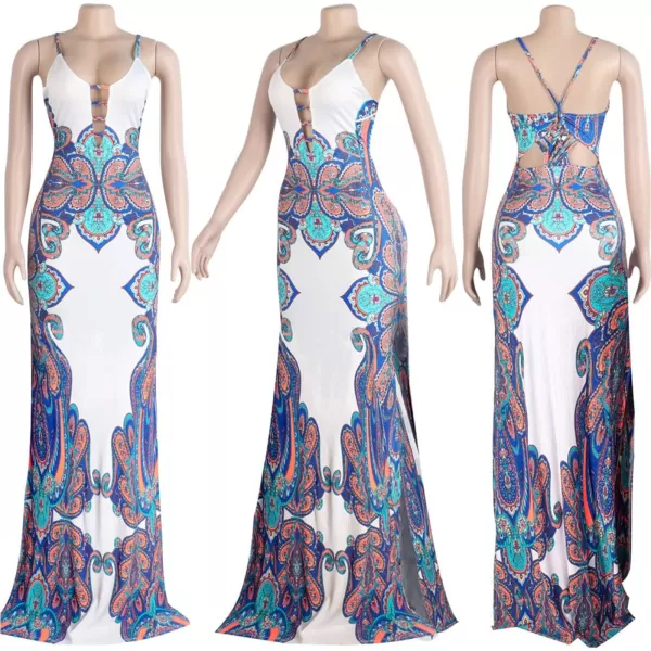 Womens Spaghetti Strap Leaf Printed Maxi Dress Bandage Bodycon Beach Holiday Long DressWhite