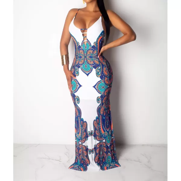 Womens Spaghetti Strap Leaf Printed Maxi Dress Bandage Bodycon Beach Holiday Long DressWhite