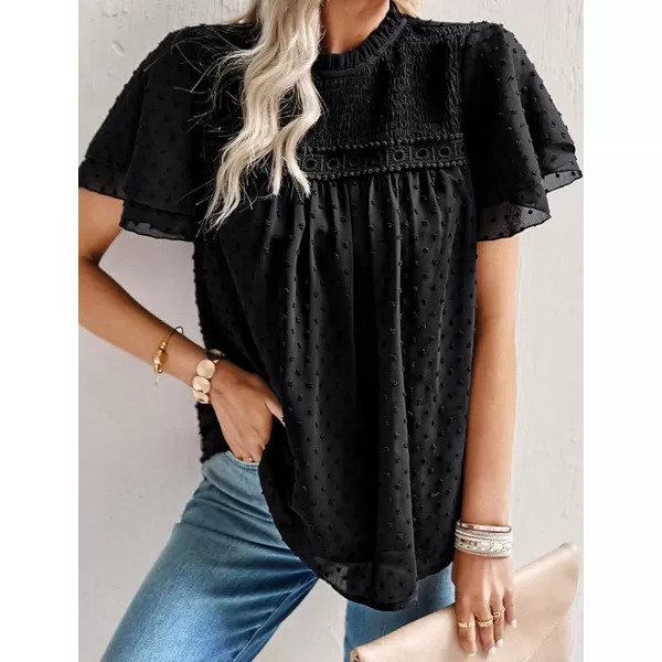 Womens Summer Dressy Blouses Crewneck Swiss Dot Short Sleeve Smocked Tunic Tops for Leggings Casual TShirtsBlack