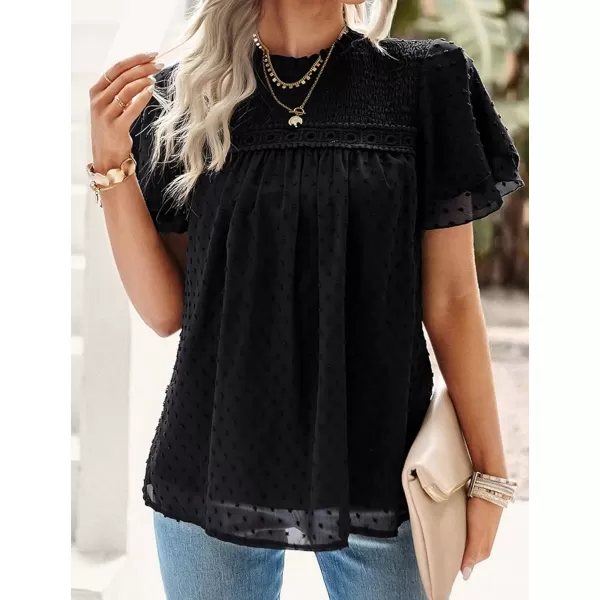 Womens Summer Dressy Blouses Crewneck Swiss Dot Short Sleeve Smocked Tunic Tops for Leggings Casual TShirtsBlack