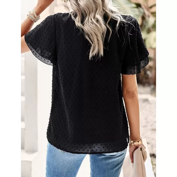 Womens Summer Dressy Blouses Crewneck Swiss Dot Short Sleeve Smocked Tunic Tops for Leggings Casual TShirtsBlack