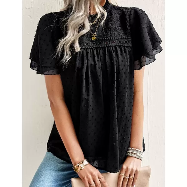 Womens Summer Dressy Blouses Crewneck Swiss Dot Short Sleeve Smocked Tunic Tops for Leggings Casual TShirtsBlack