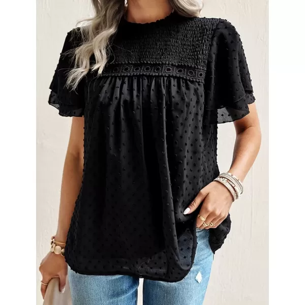 Womens Summer Dressy Blouses Crewneck Swiss Dot Short Sleeve Smocked Tunic Tops for Leggings Casual TShirtsBlack
